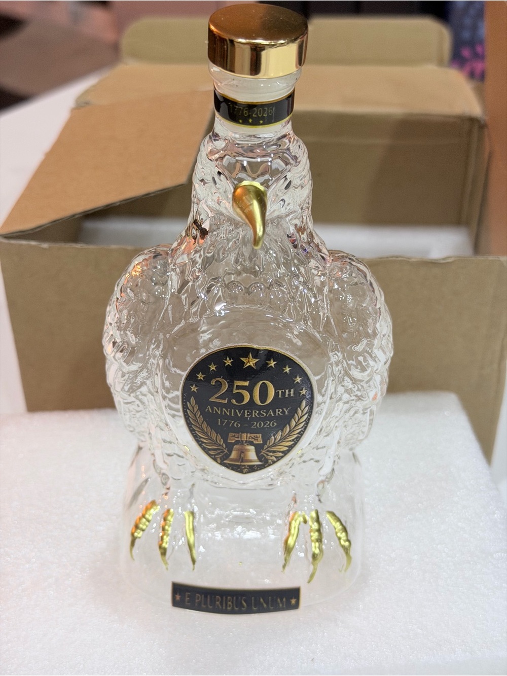 250th Anniversary Eagle Decanter – Clear Glass with Gold Accents
